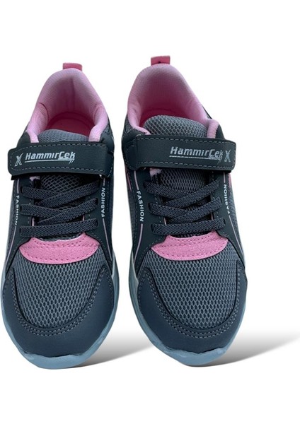 Çocuk Bağcıklı Cırtlı Spor Ayakkabı Füme - Pembe