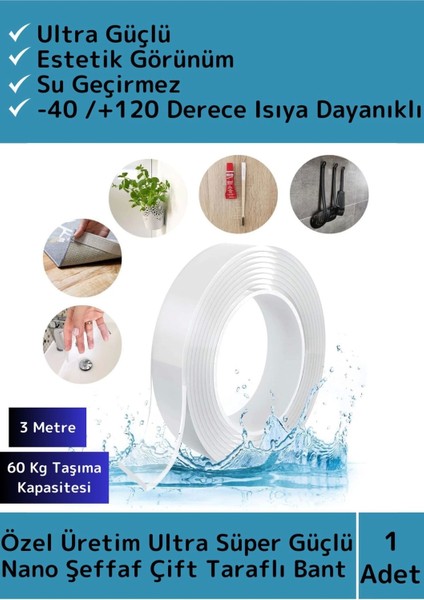 Premium Seri Ultra Süper Güçlü Yüksek Mukavemetli Nano Çift Taraflı Doku Şeffaf Bant 3 Metre