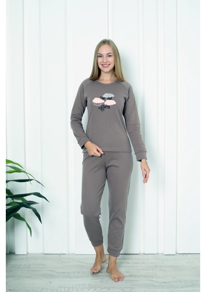 Fwn 4006 Interlok Kışlık Bulut Desenli Kadın Pijama Takımı