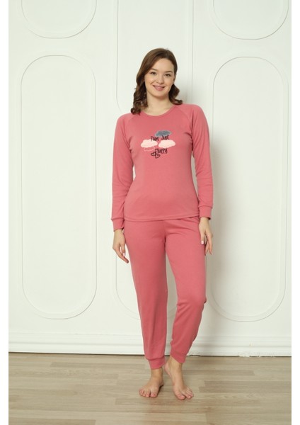 Fwn 4006 Interlok Kışlık Bulut Desenli Kadın Pijama Takımı