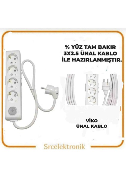 Multi-Let 4'lü Ünal Kablolu (1 ile 10 Metre Arası) Anahtarlı Topraklı Çocuk Korumalı Uzatma ( 3x2.5 Ünal Kablo Tam Bakır) Ttr Kablo HO5VV-F