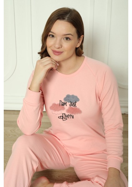 Fwn 4006 Interlok Kışlık Bulut Desenli Kadın Pijama Takımı