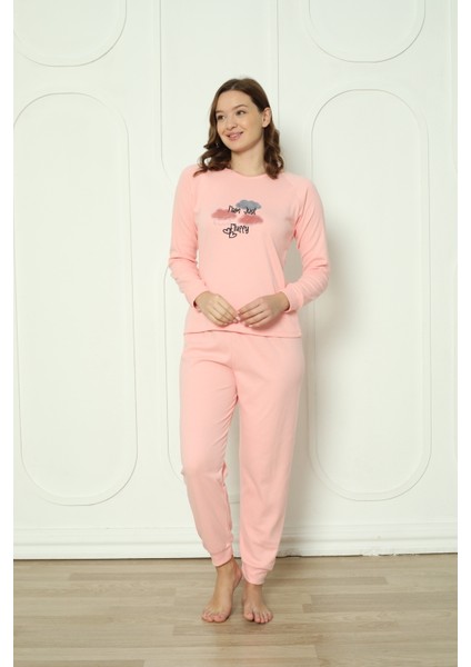 Fwn 4006 Interlok Kışlık Bulut Desenli Kadın Pijama Takımı
