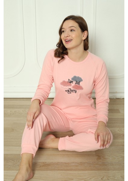 Fwn 4006 Interlok Kışlık Bulut Desenli Kadın Pijama Takımı