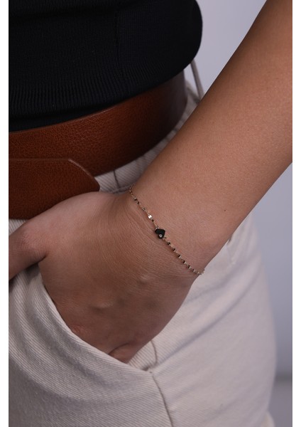 14 Ayar Altın Aynalı Zincir Taşlı Kalp Model Bileklik