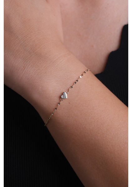 14 Ayar Altın Aynalı Zincir Taşlı Kalp Model Bileklik modelleri