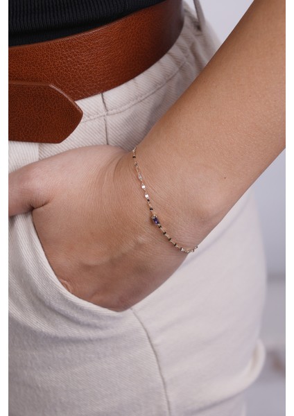 14 Ayar Altın Aynalı Zincir Mor Baget Taşlı Bileklik