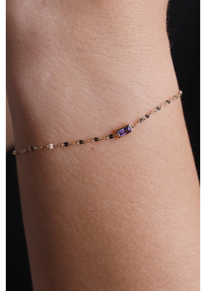 14 Ayar Altın Aynalı Zincir Mor Baget Taşlı Bileklik fiyatları