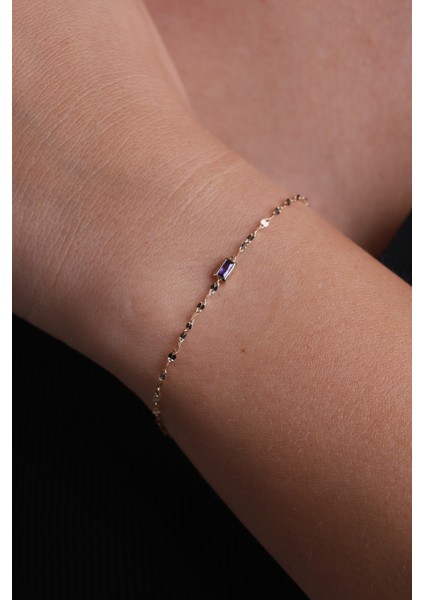 14 Ayar Altın Aynalı Zincir Mor Baget Taşlı Bileklik modelleri