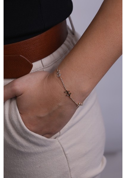 14 Ayar Altın Zincir Model Üçlü Taşlı Yaprak Bileklik