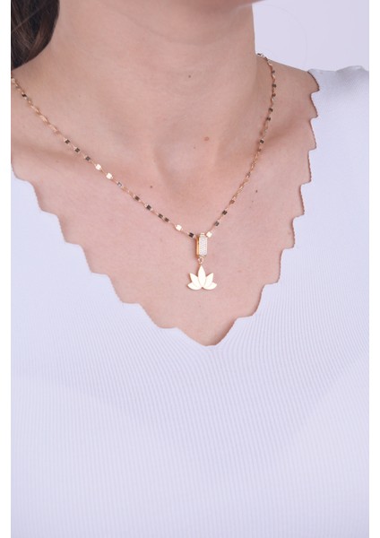 14 Ayar Altın Taşlı Lotus Çiçeği Kolye Ucu Charm