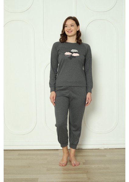 Fwn 4006 Interlok Kışlık Bulut Desenli Kadın Pijama Takımı
