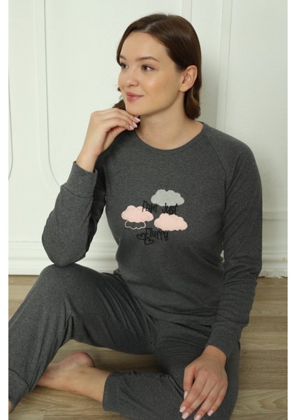 Fwn 4006 Interlok Kışlık Bulut Desenli Kadın Pijama Takımı