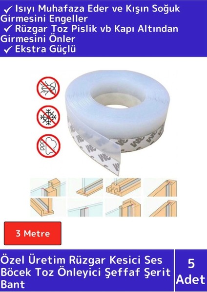 Rüzgar Ses Böcek Toz Önleyici Kapı Pencere Isı İzolasyon Şeffaf Şerit Bant 3 Mtre 5 Ad