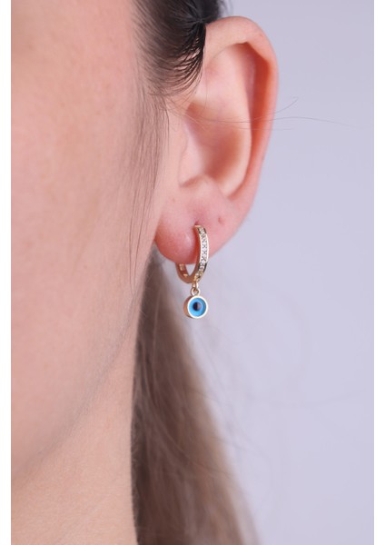 14 Ayar Altın Kenar Taşlı Mavi Gözlü Halka Küpe