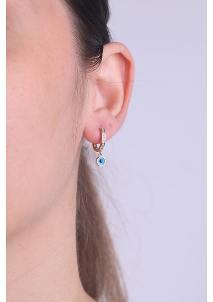 14 Ayar Altın Kenar Taşlı Mavi Gözlü Halka Küpe modelleri