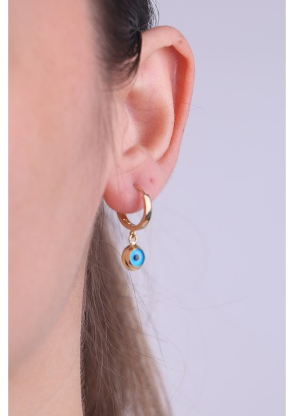 14 Ayar Altın Mavi Gözlü Sallantılı Halka Küpe