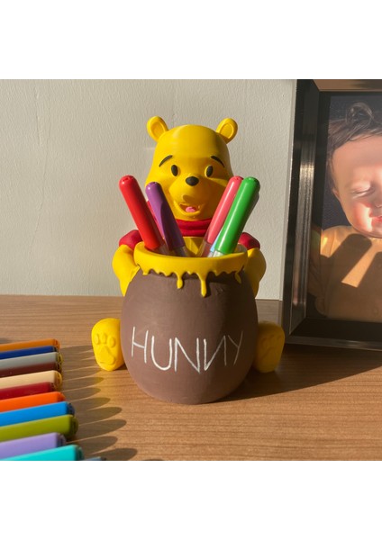 Root Made Sevimli Ayı Şekerlik Kalemlik Makyaj Kutusu Sunumluk Dekoratif Obje Winnie The Pooh El Boyaması 18CM