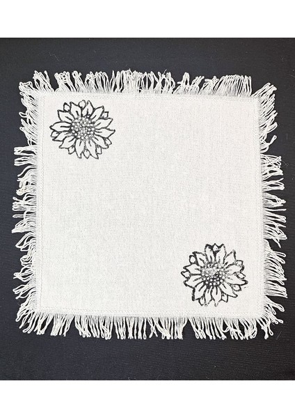 %100 Pamuklu Ham Keten Pamuk Püsküllü Ayçiçek Taş Baskılı 6' Lı Amerikan Servisi Supla Kare 42 cm