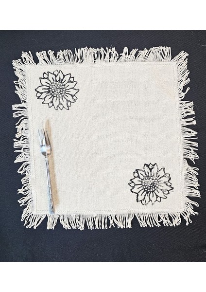 %100 Pamuklu Ham Keten Pamuk Püsküllü Ayçiçek Taş Baskılı 6' Lı Amerikan Servisi Supla Kare 42 cm fiyatları