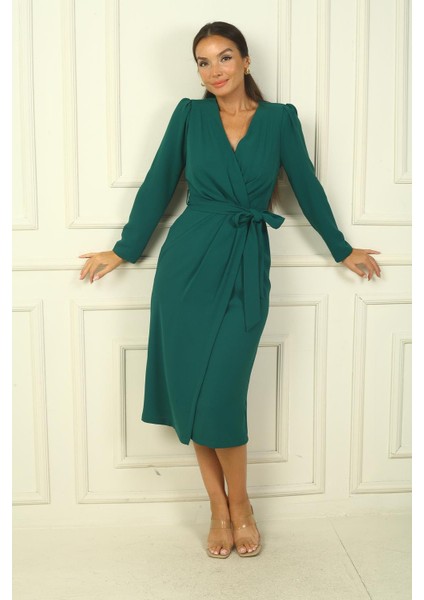 Kadın Kruvaze Yaka Kollu Beli Kuşaklı Astarlı Krep Elbise