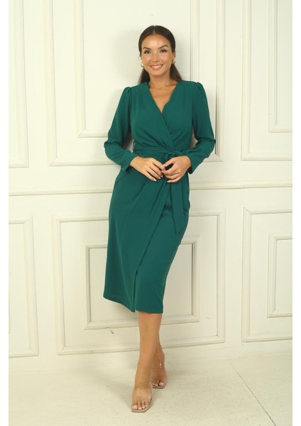 Kadın Kruvaze Yaka Kollu Beli Kuşaklı Astarlı Krep Elbise fiyatları