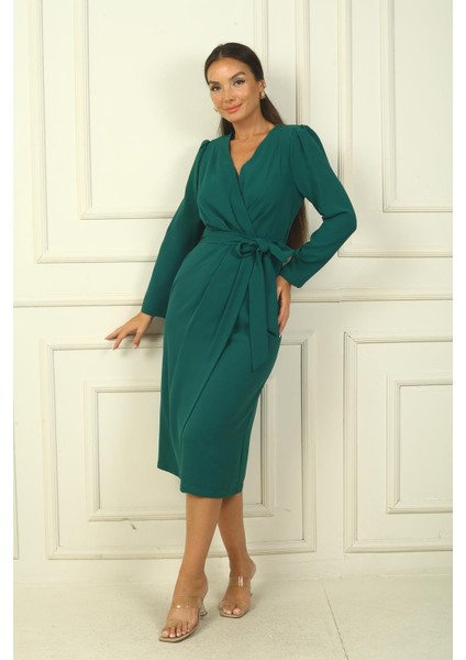 Kadın Kruvaze Yaka Kollu Beli Kuşaklı Astarlı Krep Elbise modelleri