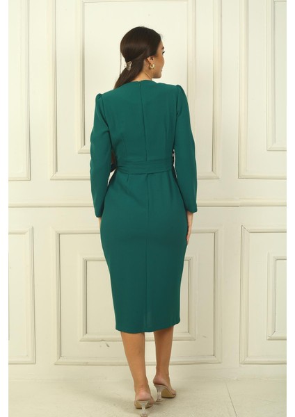 Kadın Kruvaze Yaka Kollu Beli Kuşaklı Astarlı Krep Elbise fırsatları