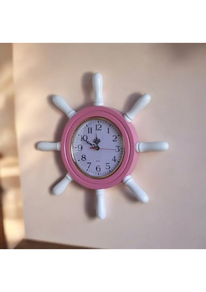 Pembe Beyaz Ahşap Gemici Dümen Duvar Salon Ofis Saati Çap 38 cm