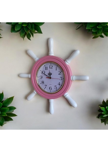 Pembe Beyaz Ahşap Gemici Dümen Duvar Salon Ofis Saati Çap 38 cm