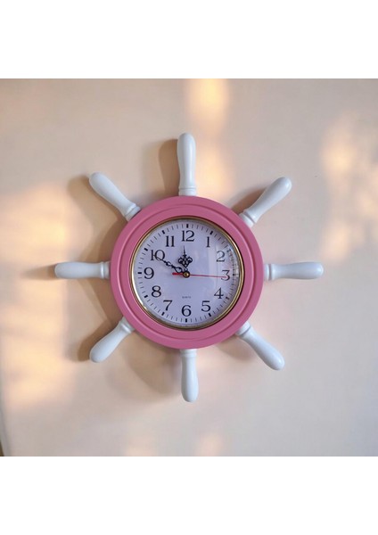 Pembe Beyaz Ahşap Gemici Dümen Duvar Salon Ofis Saati Çap 38 cm