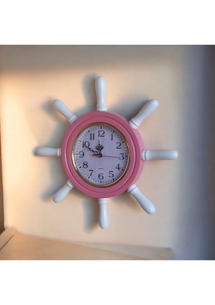 Pembe Beyaz Ahşap Gemici Dümen Duvar Salon Ofis Saati Çap 38 cm