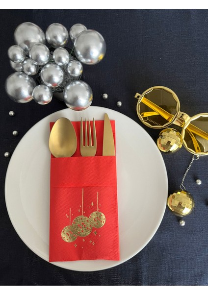 Gold Yaldızlı Kırmızı Disco Topu Cepli Peçete 12 Adet 40X40