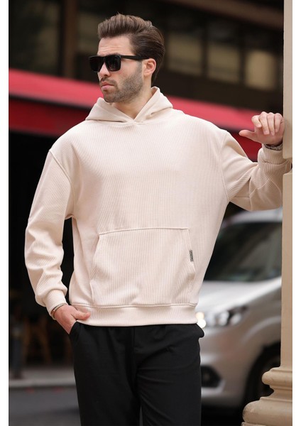 Bej Kapüşonlu Cep Detaylı Dokulu Sweatshirt E7101