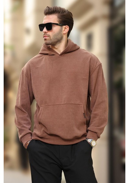 Kahverengi Kapüşonlu Cep Detaylı Dokulu Sweatshirt E7101