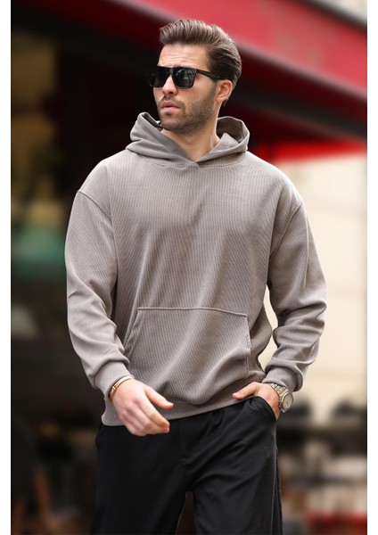 Gri Kapüşonlu Cep Detaylı Dokulu Sweatshirt E7101