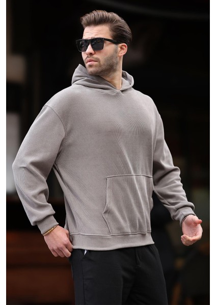 Gri Kapüşonlu Cep Detaylı Dokulu Sweatshirt E7101 modelleri