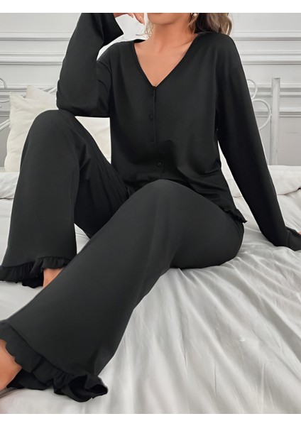 Rasa Home Wear Ruffle Uzun Kollu Düğmeli Pijama Takımı Siyah