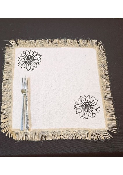 %100 Pamuklu Ham Keten Hasır Püsküllü Ayçiçek Taş Baskılı 6' Li Amerikan Servisi Supla Kare 42 cm