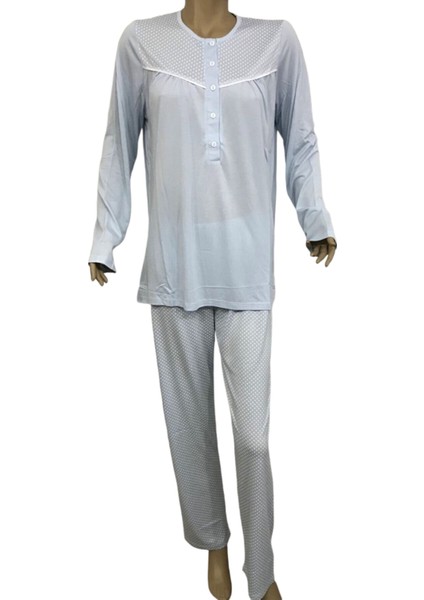 14206-NENA Bayan 4 Mevsim Uzun Kol Patlı Robalı Pijama Takımı-Mavi