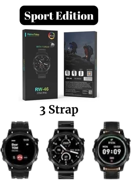 Rw 46 Large Amoled Sport Watch With Torch Black Edition Wireless Charge 3 Strap Premium Series