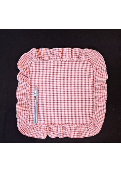 %100 Pamuklu Ham Keten Fırfırlı Kırmızı Pötikare 6\' Li Amerikan Servisi Supla Kare 45 cm