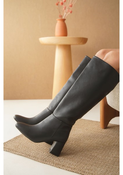 Kadın Santana Topuklu Taban Dizaltı Çizme - Siyah-Deri fiyatları