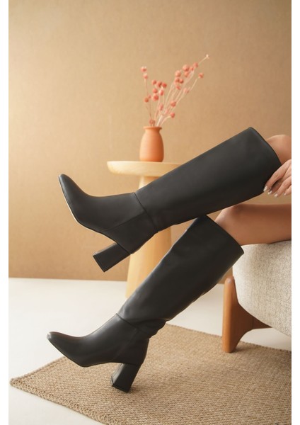 Kadın Santana Topuklu Taban Dizaltı Çizme - Siyah-Deri modelleri