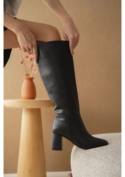 Kadın Santana Topuklu Taban Dizaltı Çizme - Siyah-Deri fırsatları