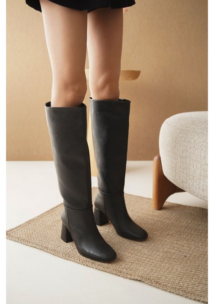 Kadın Santana Topuklu Taban Dizaltı Çizme - Siyah-Deri indirimleri