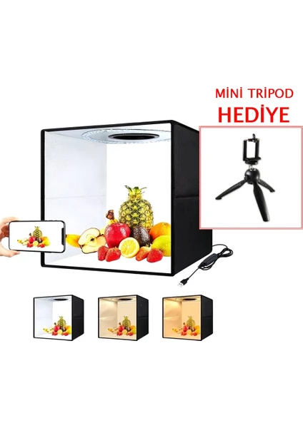 LED Işıklı, Kolay Katlanabilir, Çadır 40 x 40 cm, Mini Tripod Hediye