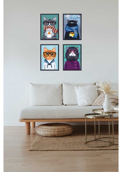Kediler Mdf Tablo 4'lü Set - Çerçeve Görünümlü