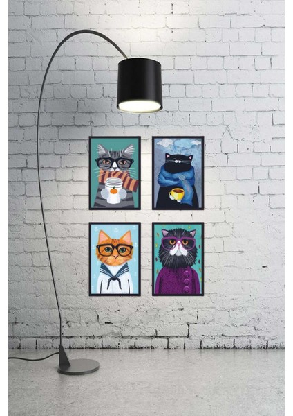 Kediler Mdf Tablo 4'lü Set - Çerçeve Görünümlü