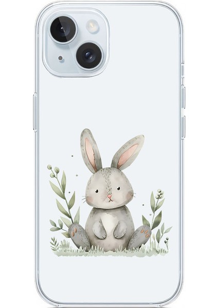Apple iPhone 13 Uyumlu Gri Tavşan Desenli Silikon Kılıf